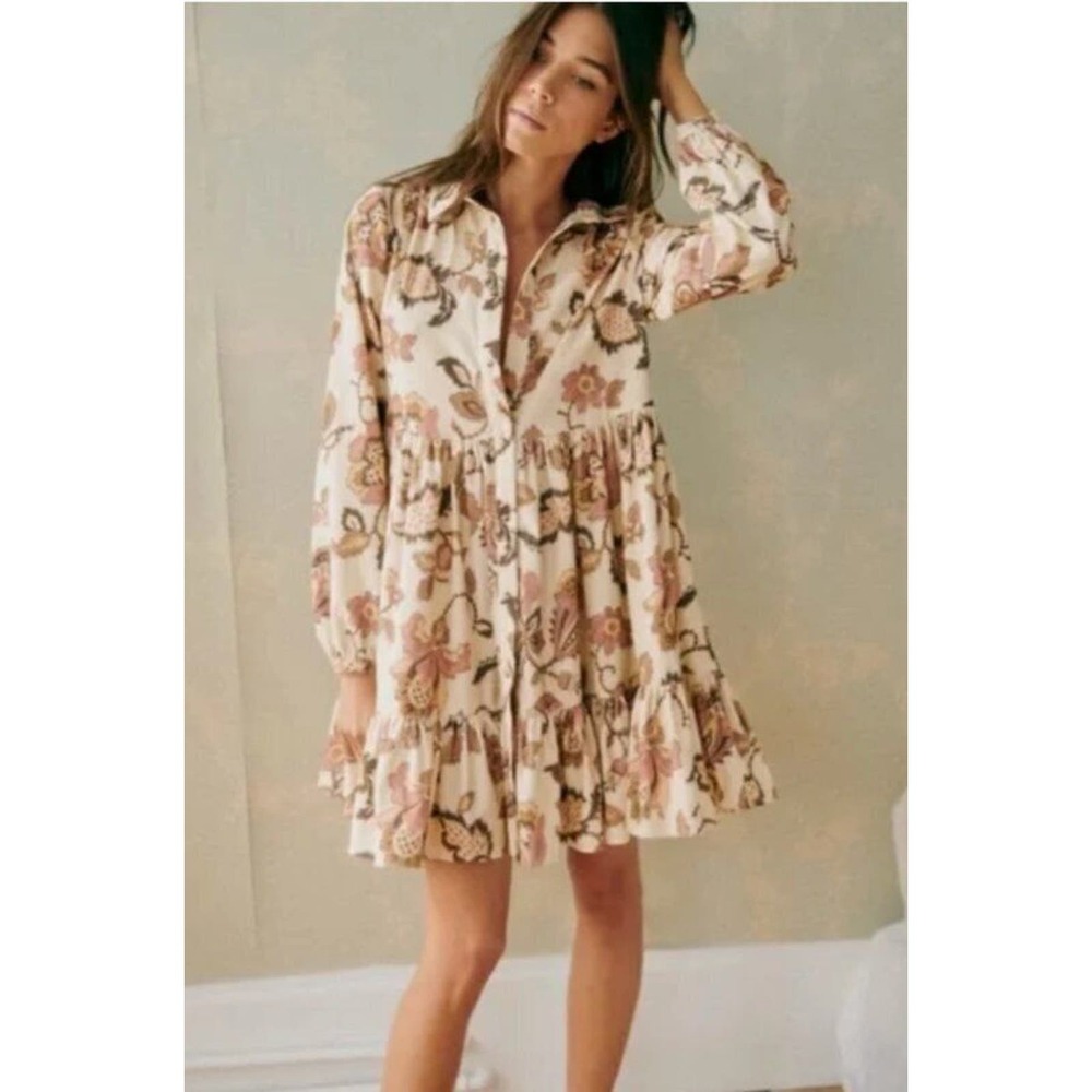 Sezane Floral Tiered Mini Dress - Cream with Blush & Brown Print